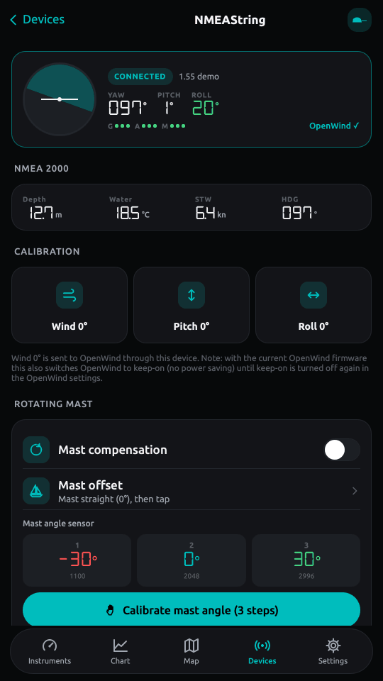 Mast angle calibration in three steps in the app