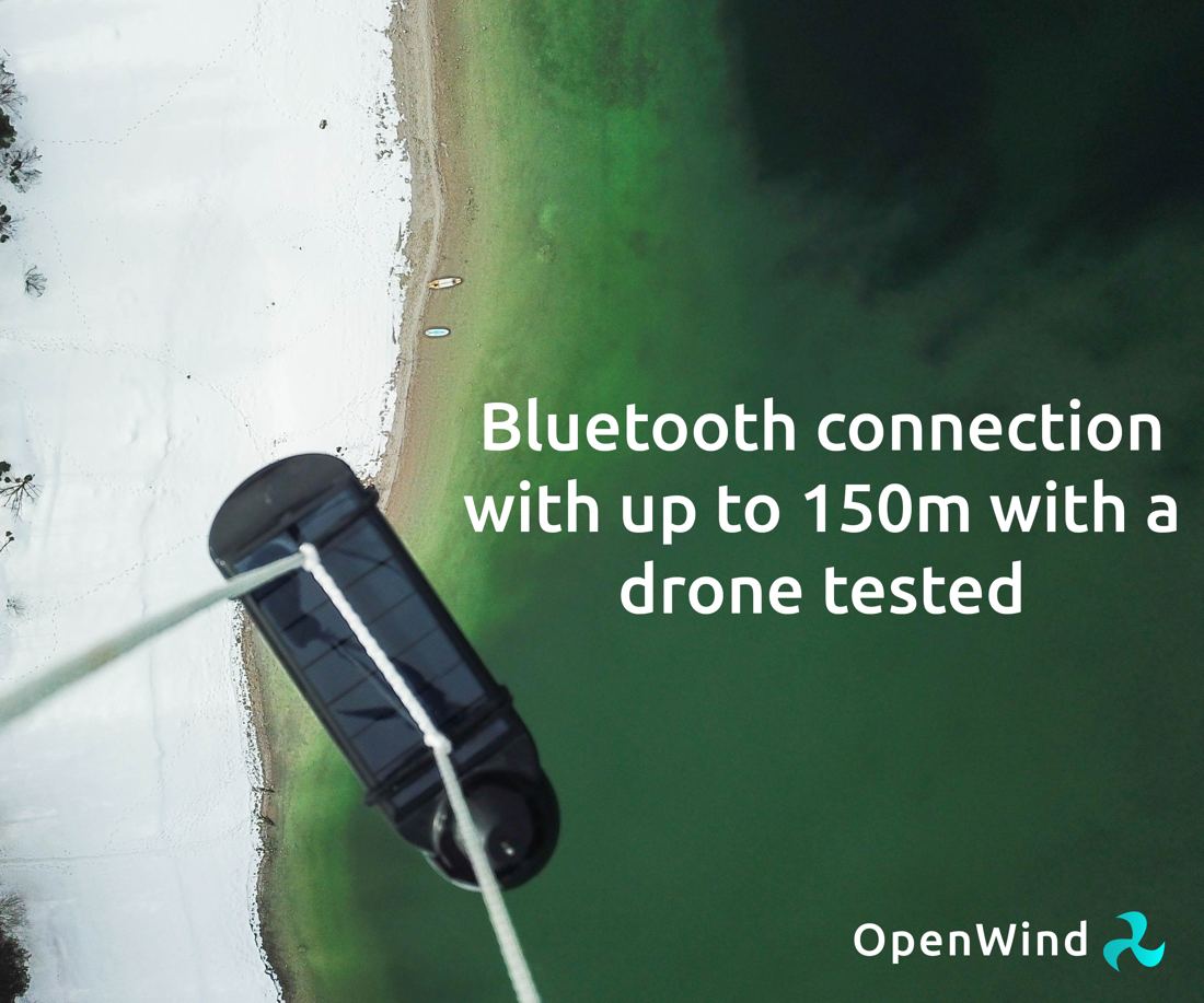 Drone photo of a boat with OpenWind on the mast. Range tested up to 150 metres