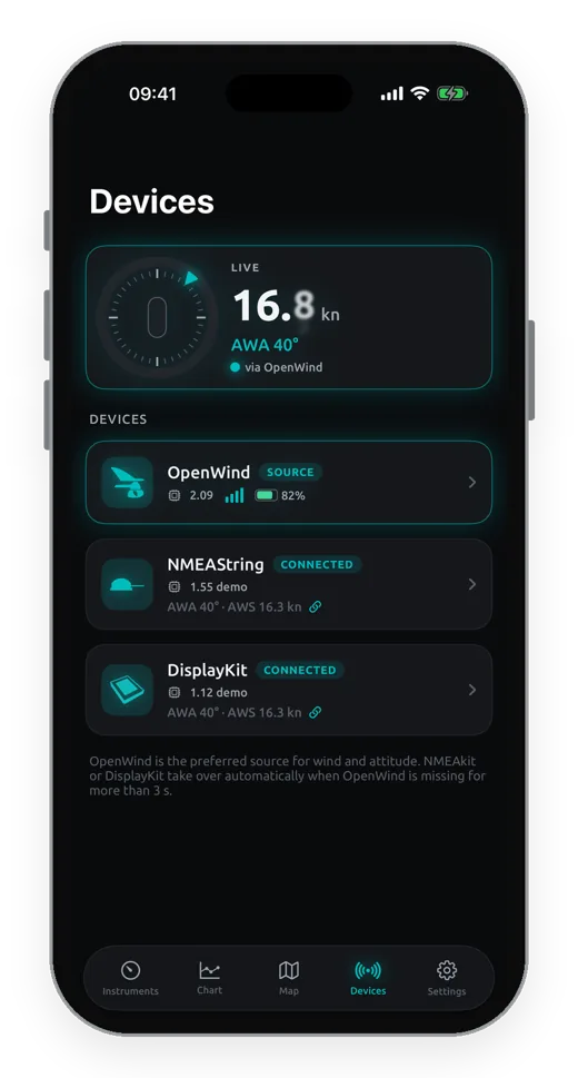 Devices screen with OpenWind, NMEAString and DisplayKit connected