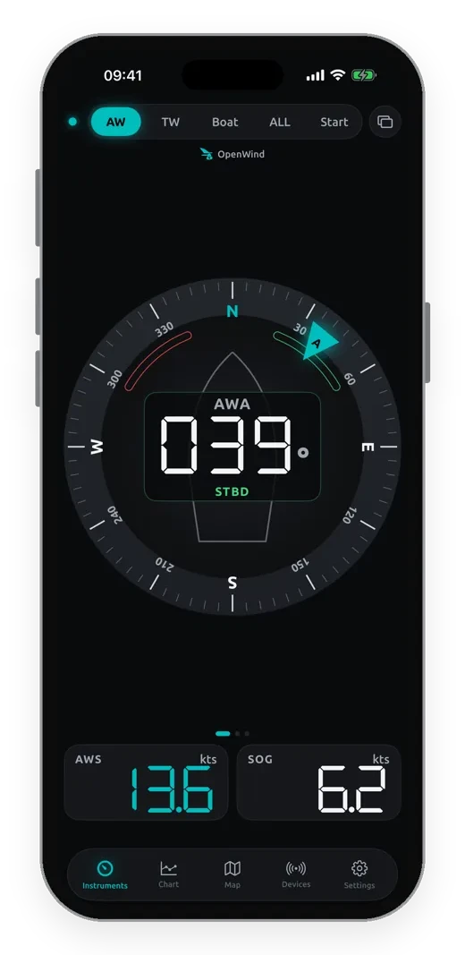 OpenWind app 6.0 showing live apparent wind angle and speed