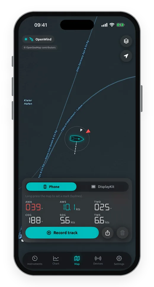Map screen with OpenSeaMap and track recording