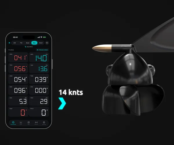 OpenWind keeps measuring while the boat heels and pitches, the app shows heel and pitch live